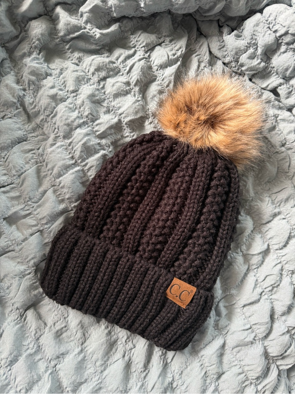 C.C Black Knit Beanie w/ Tan Faux Fur Pom